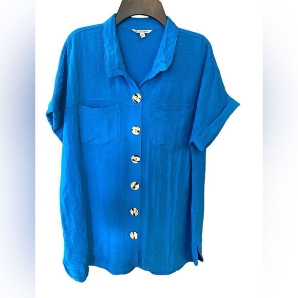 John Mark Sz M Blue Collar Large Button Front Short Sleeve Relaxed Fit Shirt - Picture 1 of 6